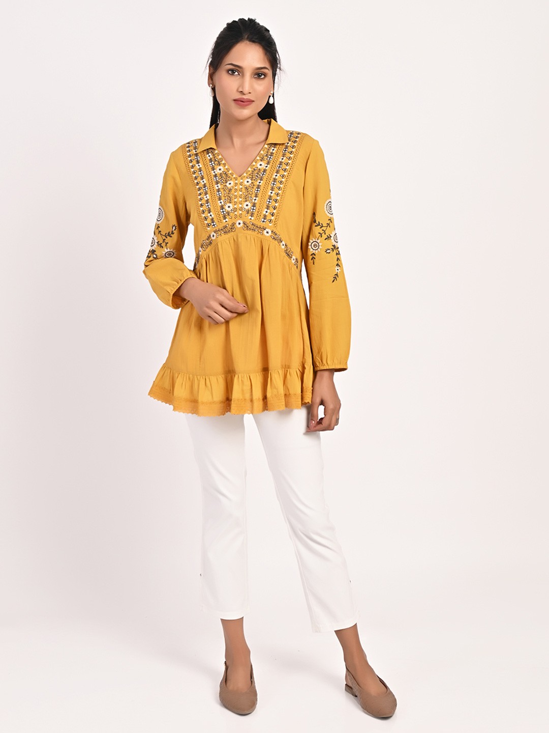 

Lakshita Ethnic Motifs Printed Shirt Collar A-Line Top, Mustard