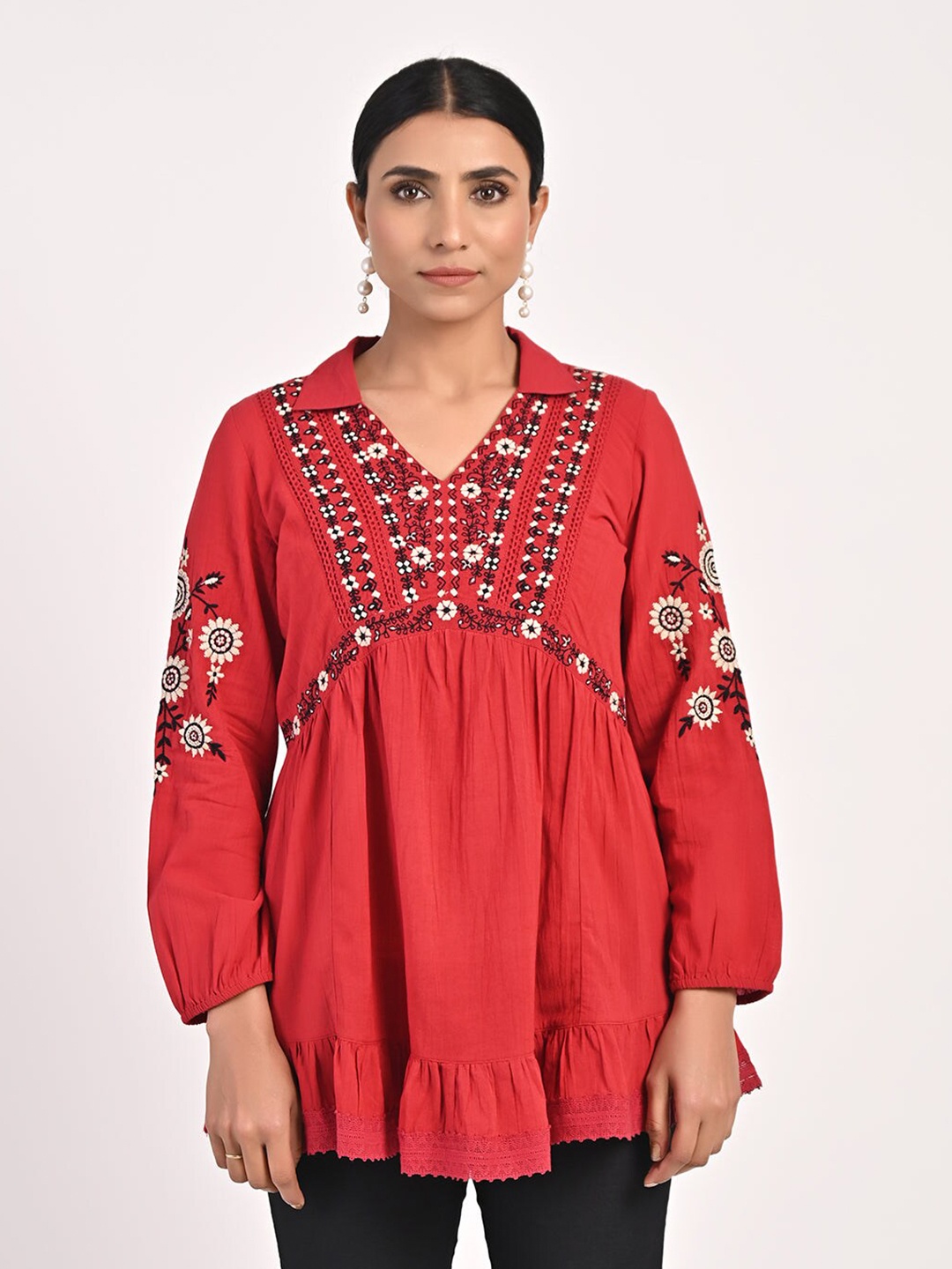

Lakshita Ethnic Motifs Printed Shirt Collar A-Line Top, Red