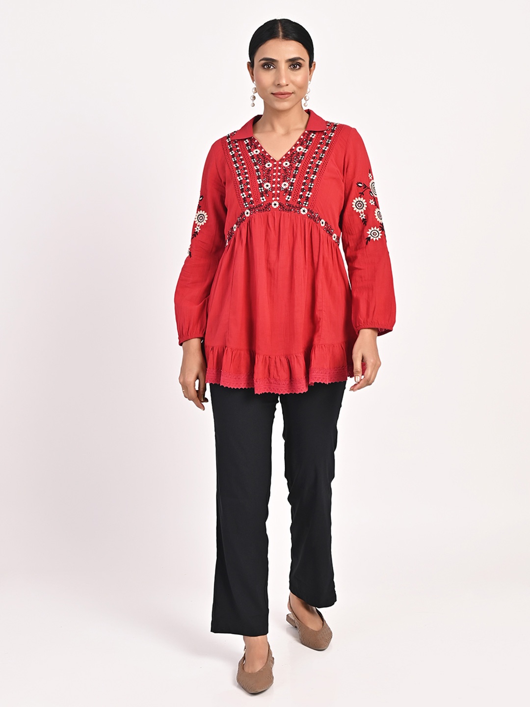 

Lakshita Ethnic Motifs Embroidered Gathered Georgette Empire Boho Top, Red