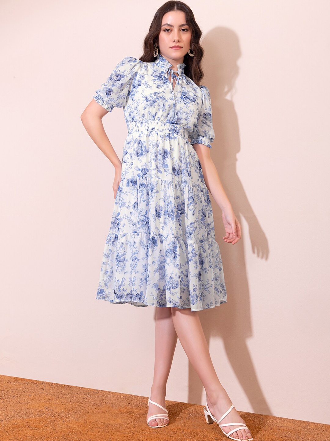 

FabAlley Floral Printed Tie-Up Neck Tiered Fit & Flare Dress, White