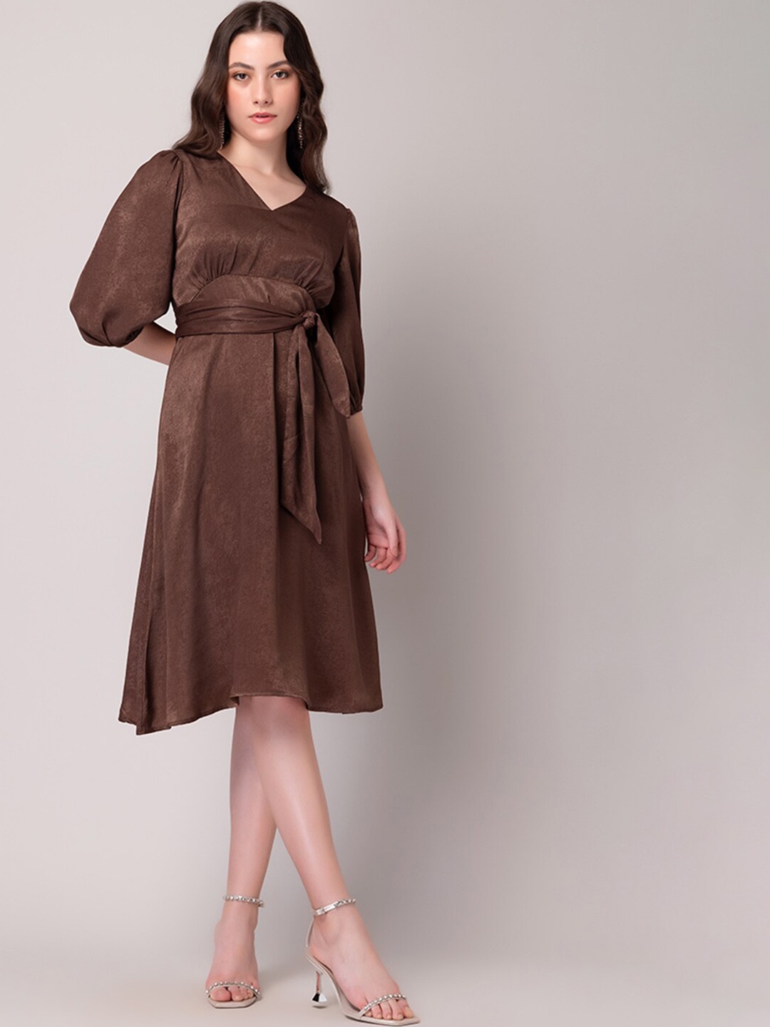 

FabAlley V-Neck Satin Fit & Flare Dress, Brown