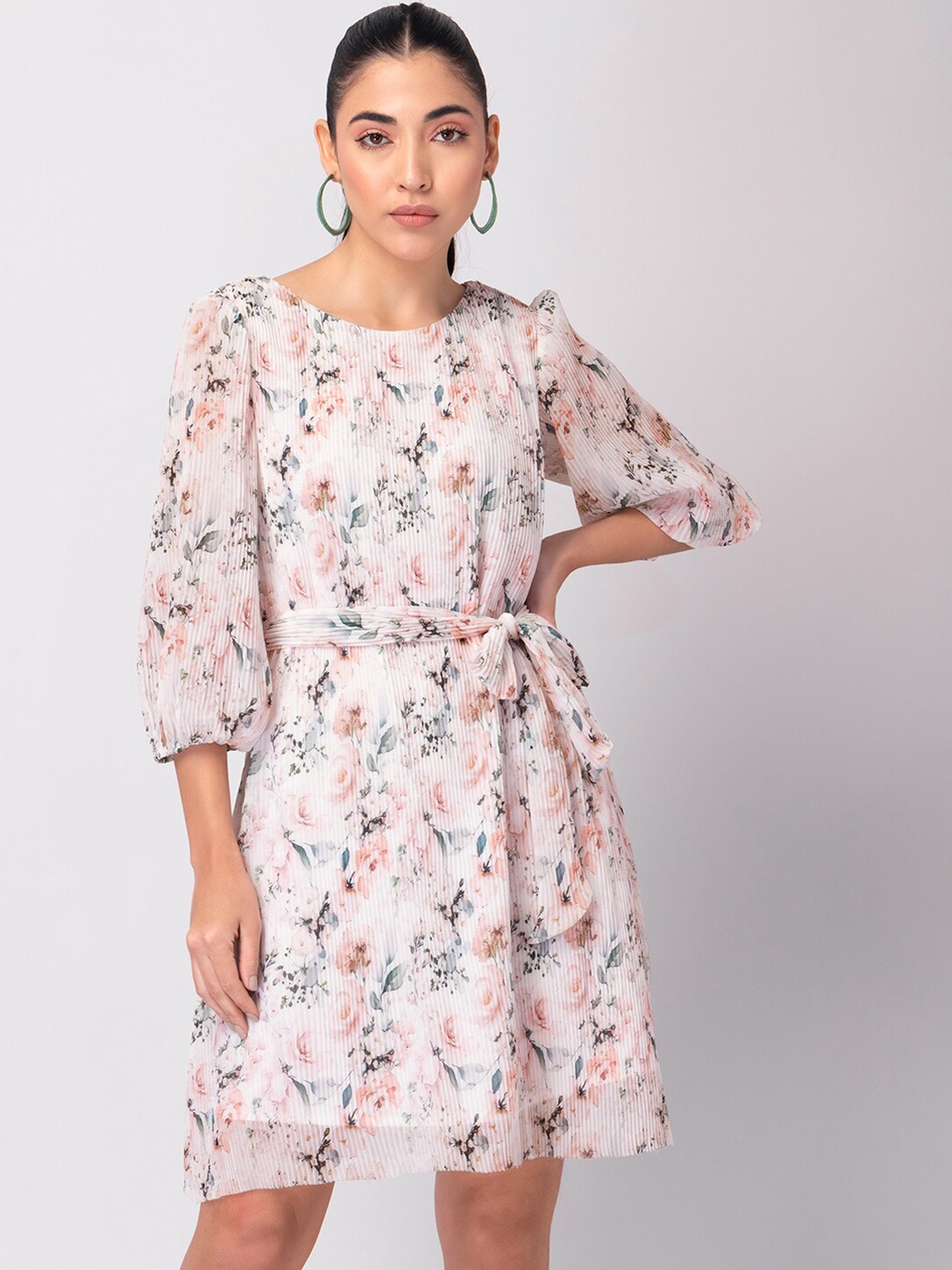 

FabAlley Floral Print Bell Sleeve Georgette Fit & Flare Dress, White