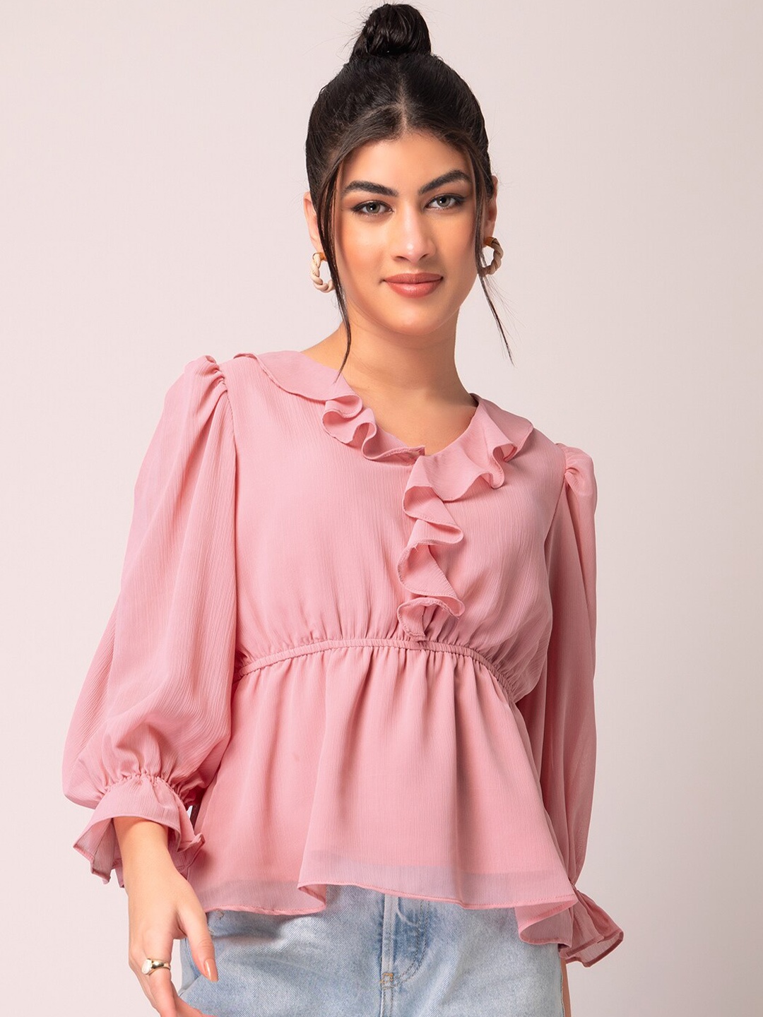 

FabAlley Bell Sleeves Ruffles Cinched Waist Top, Pink