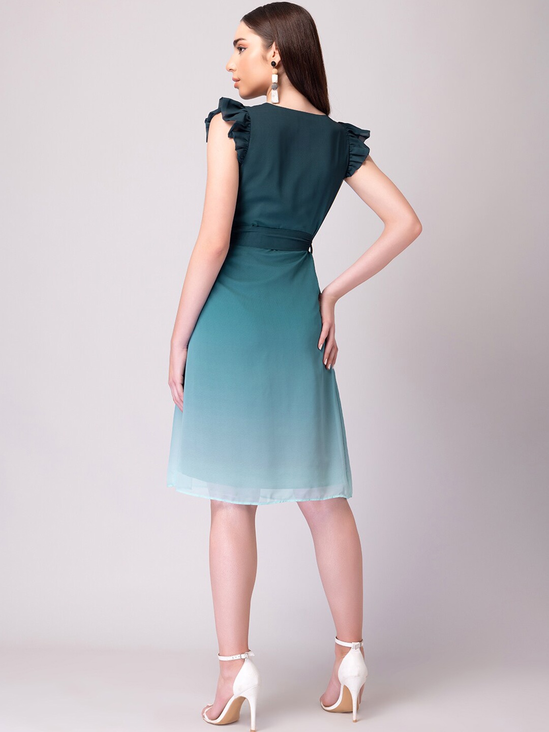

FabAlley Flutter Sleeves Georgette A-Line Dress, Teal