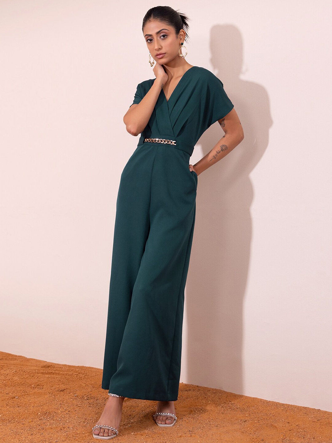 

FabAlley Front Chain Wrap Basic Jumpsuit, Teal