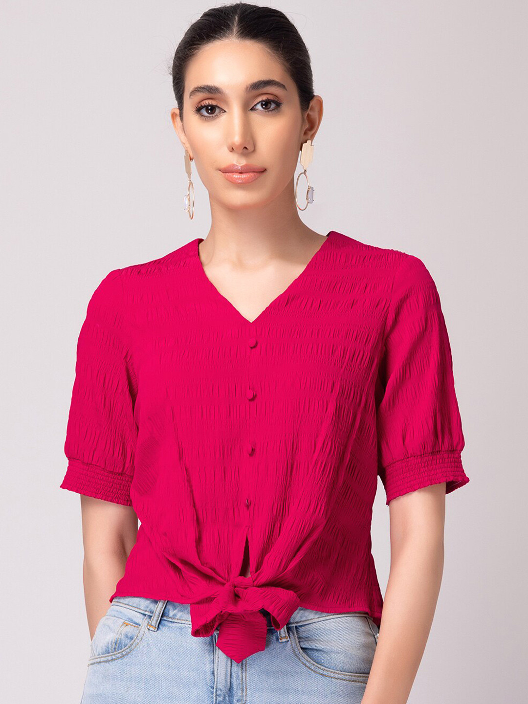 

FabAlley V-Neck Front Tie Up Top, Pink