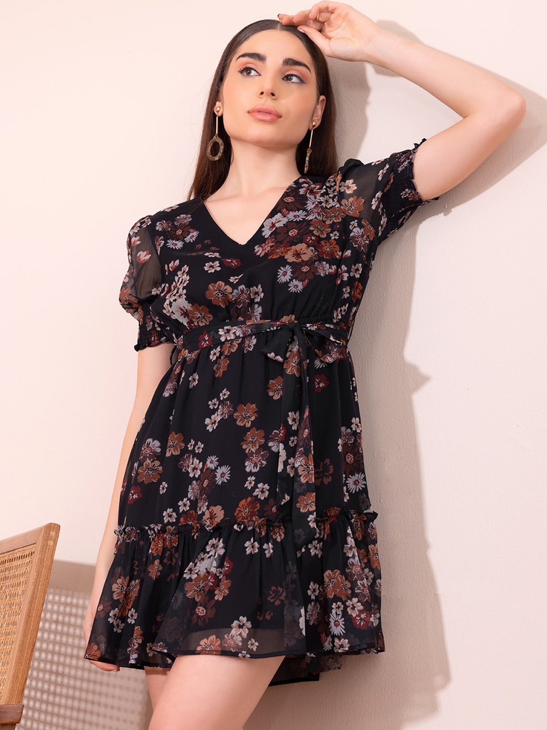 

FabAlley Floral Print Fit & Flare Dress, Black