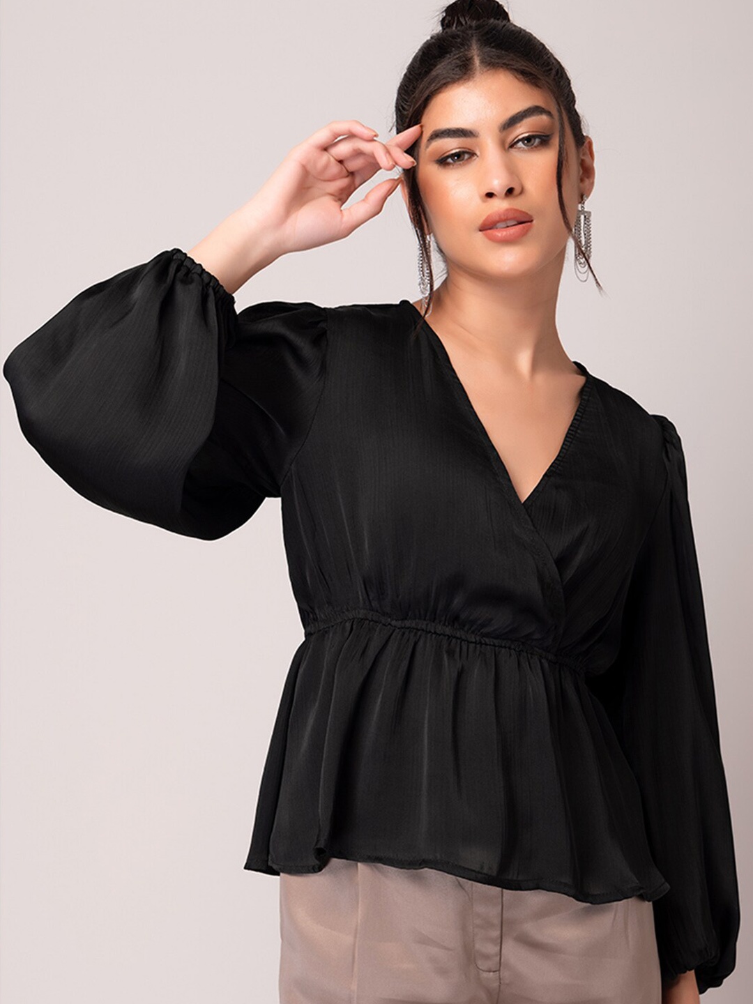 

FabAlley Puff Sleeve Georgette Cinched Waist Top, Black