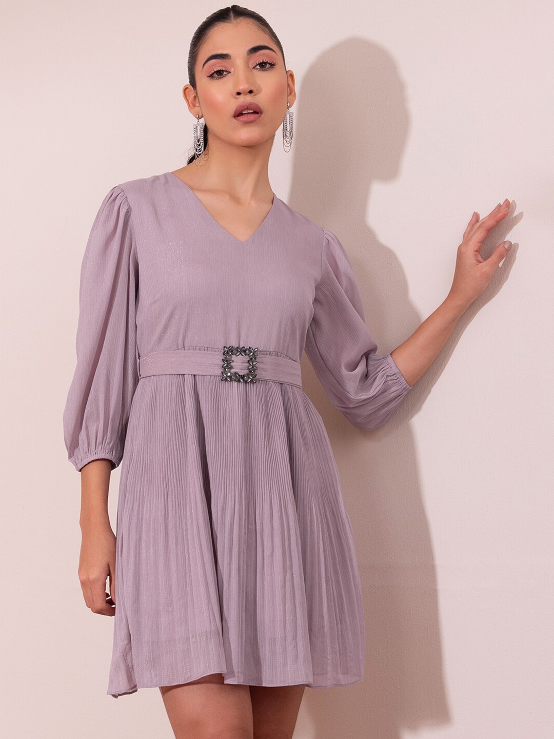 

FabAlley Puff Sleeves Accordion Pleats Fit & Flare Dress With Belt, Purple