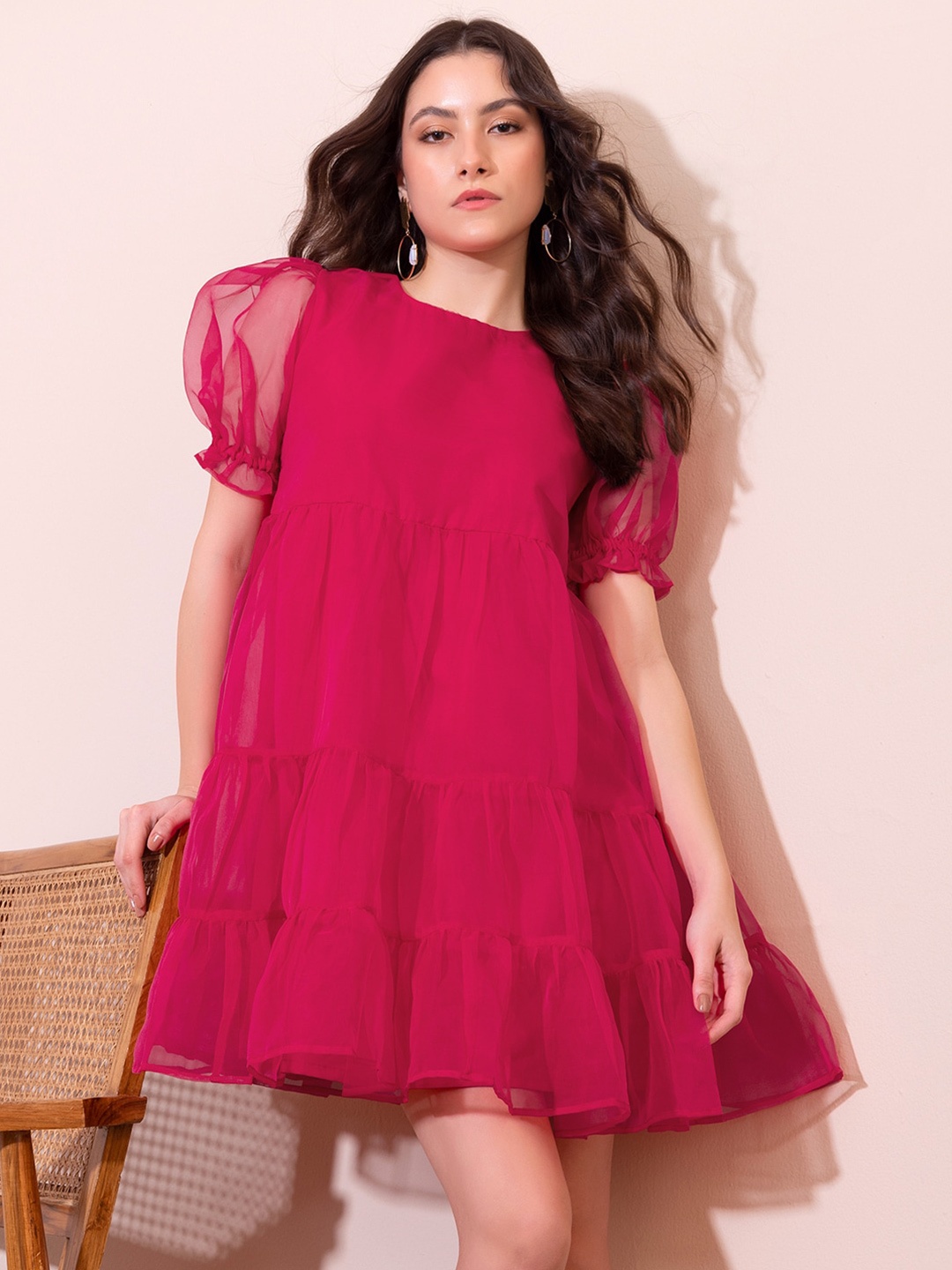 

FabAlley Puff Sleeves Tiered A-Line Dress, Pink