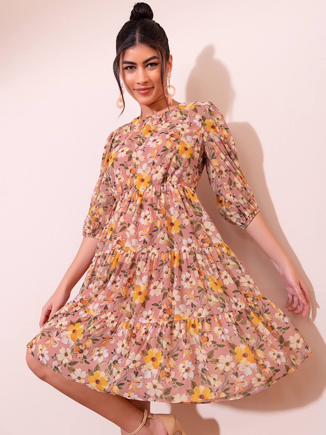 FabAlley Floral Print Georgette Fit & Flare Dress, Rust