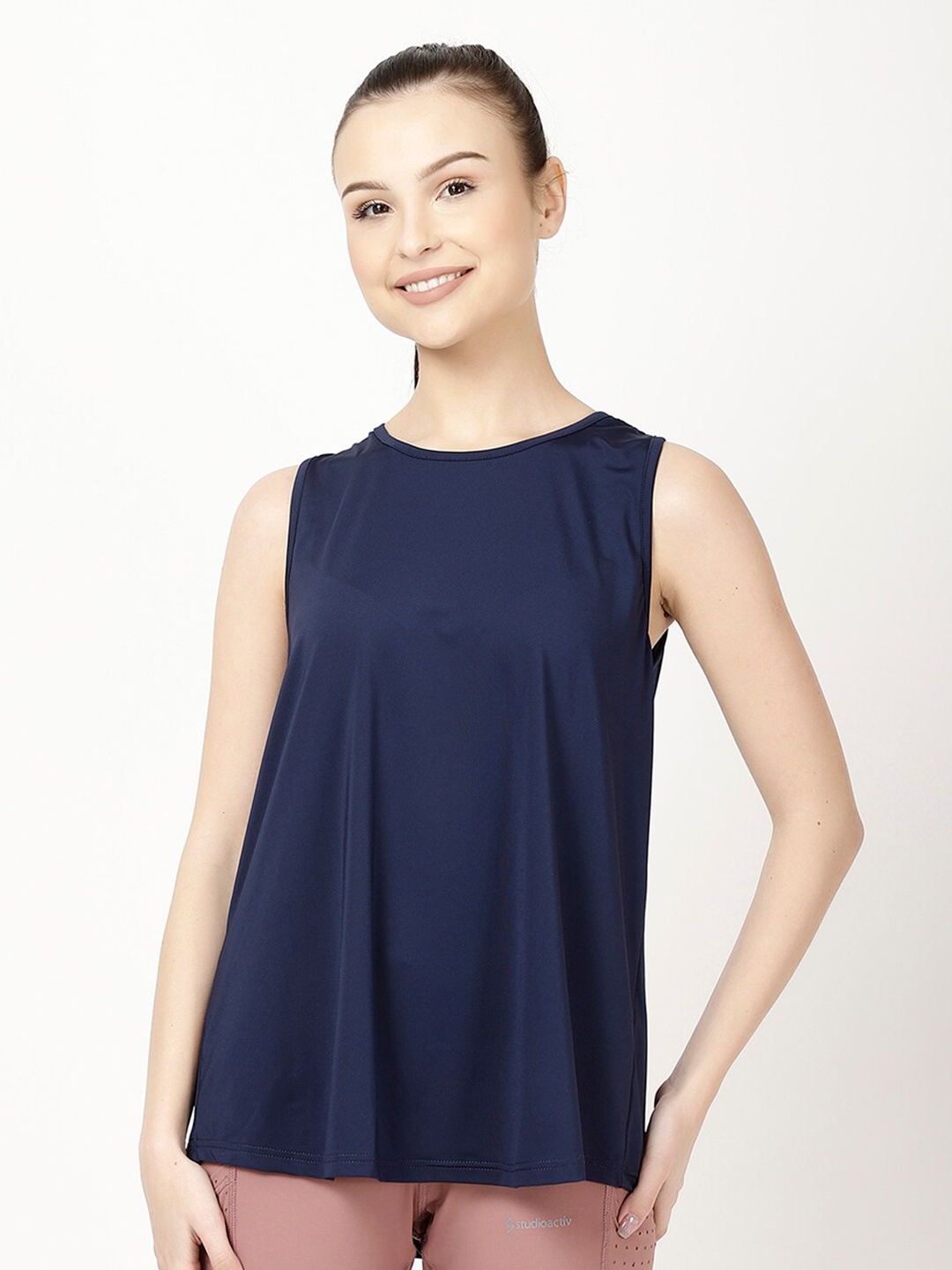 

STUDIOACTIV Round Neck Sleeveless A-Line Top, Navy blue