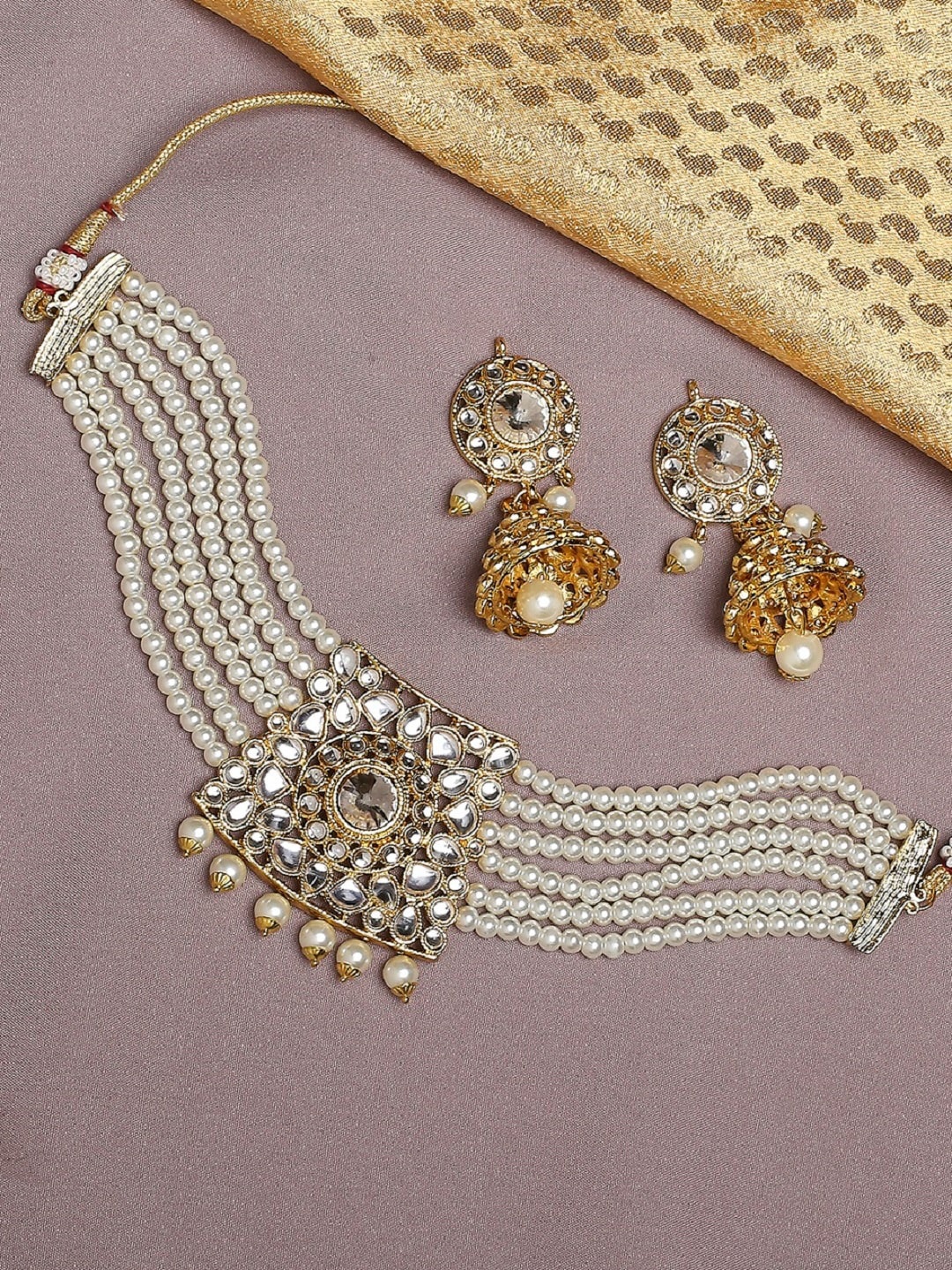 

OOMPH Kundan-Studded & Pearl Beaded Jadau Jewellery Set, Gold