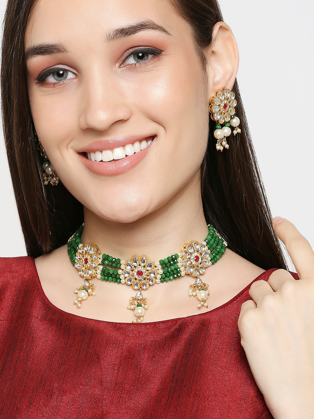 

OOMPH Kundan-Studded & Pearl Beaded Jadau Jewellery Set, Green