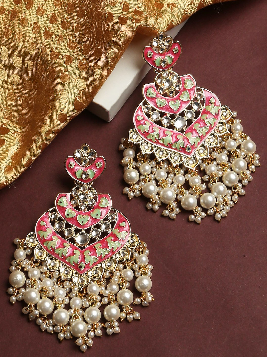 

OOMPH Peacock Shaped Meenakari Chandbalis Earrings, Pink