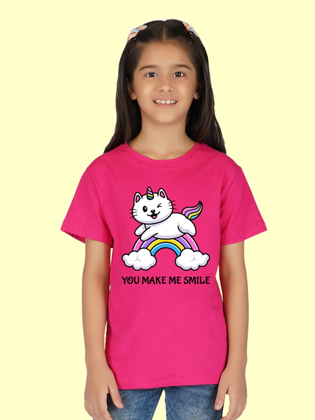 

NUSYL Girls Cat printed Round Neck T-shirt, Pink