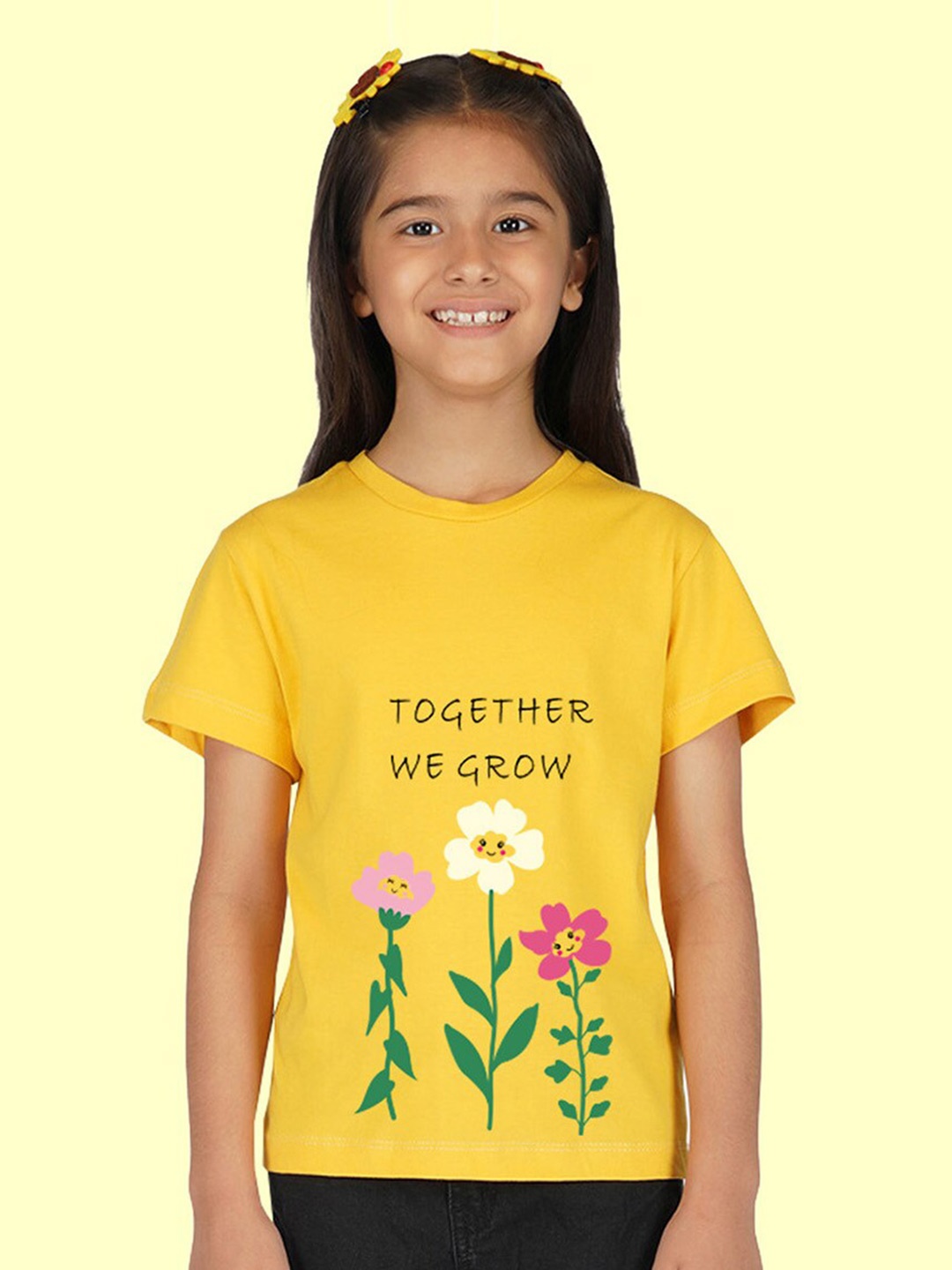 

NUSYL Girls Floral Printed Round Neck T-Shirt, Yellow