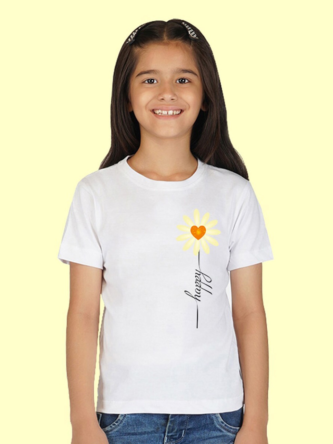 

NUSYL Girls White Sun Flower Printed Cotton T-shirt