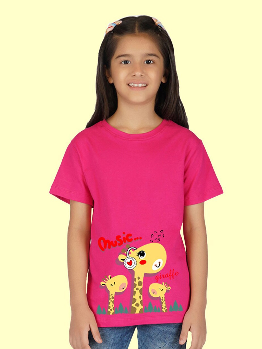 

NUSYL Girls Graphic Printed Round Neck T-shirt, Pink
