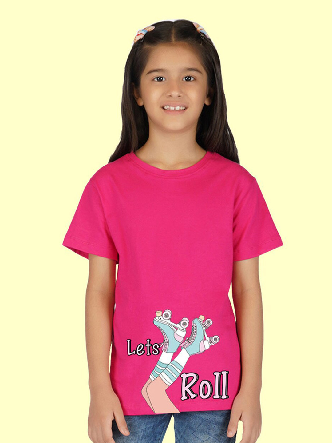 

NUSYL Girls Graphic Printed Round Neck T-shirt, Pink