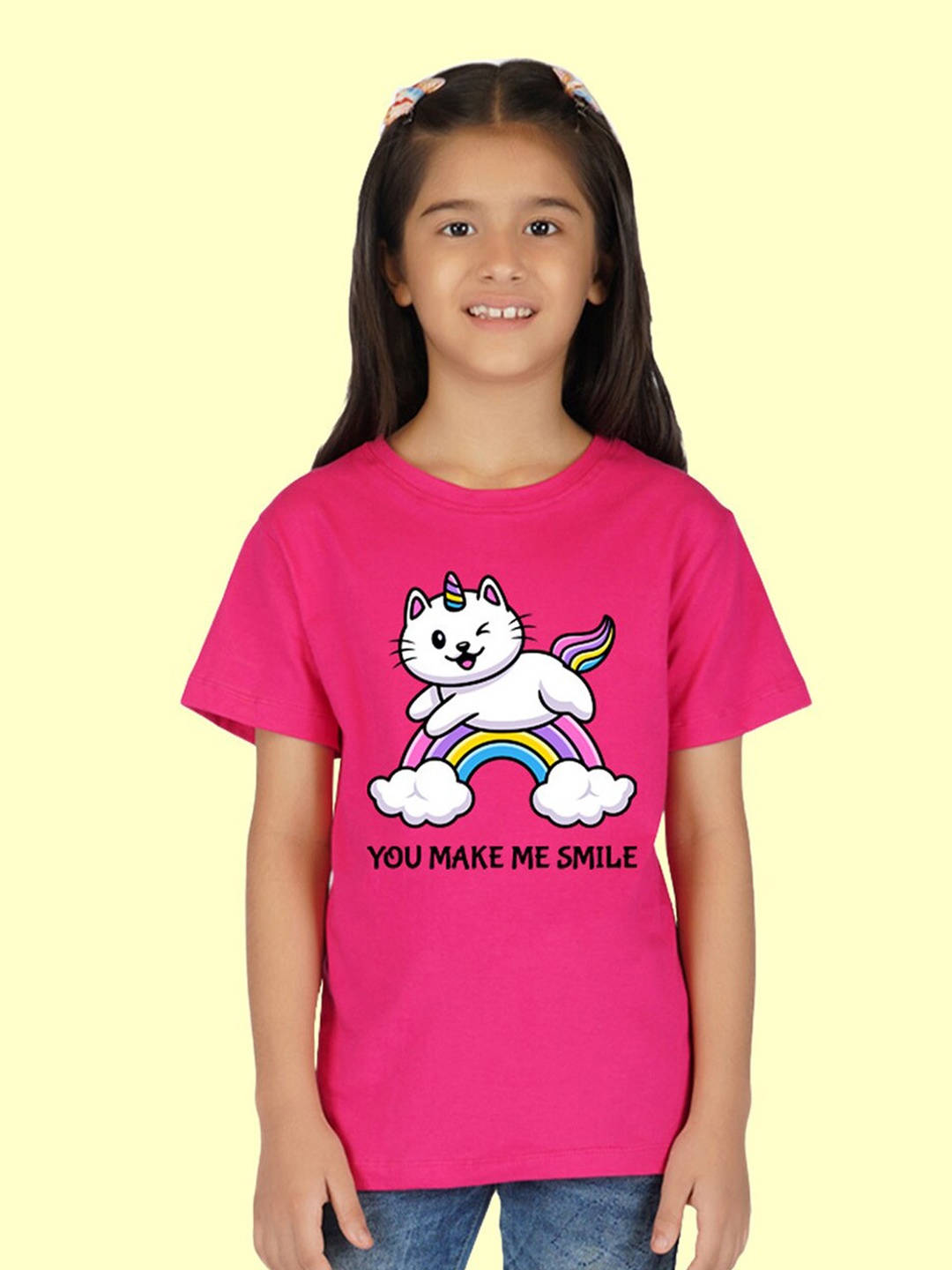 

NUSYL Girls Graphic Printed Round Neck T-shirt, Pink