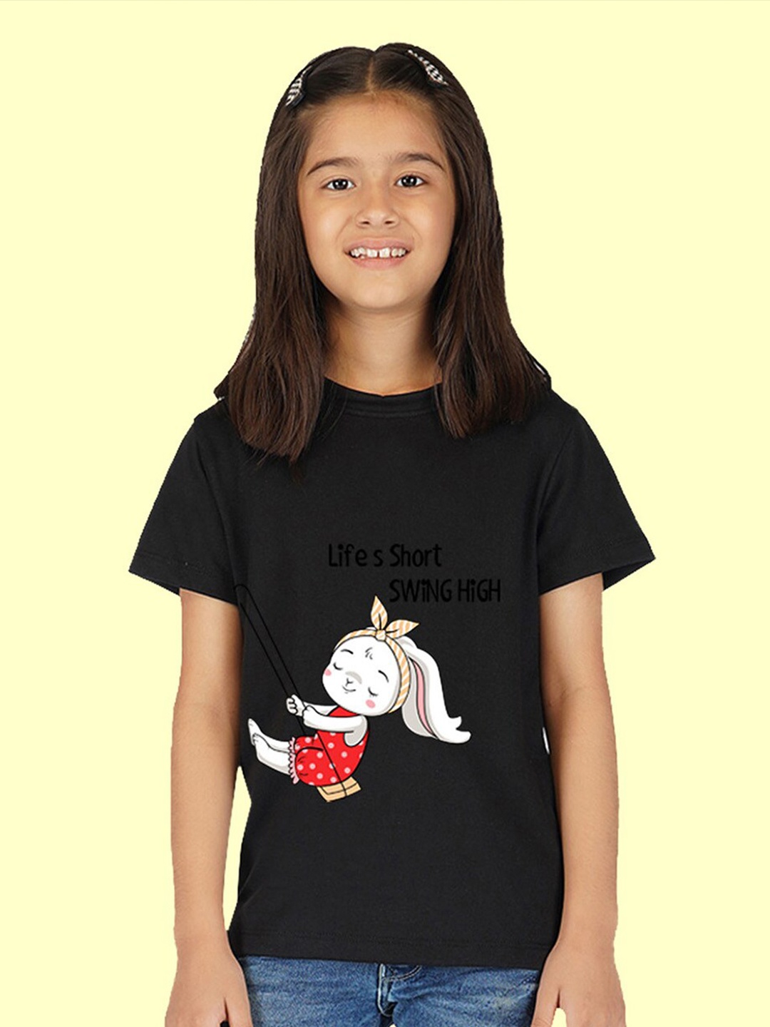 

NUSYL Girls Graphic Printed Round Neck T-Shirt, Black
