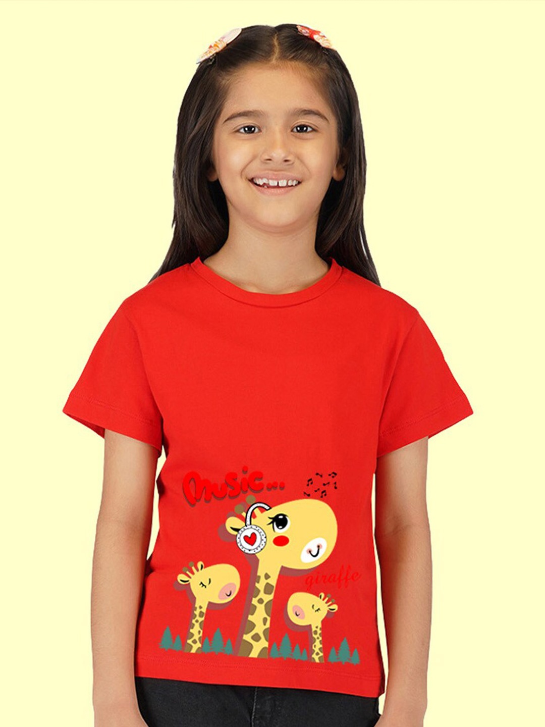 

NUSYL Girls Giraffe printed Round Neck T-shirt, Red