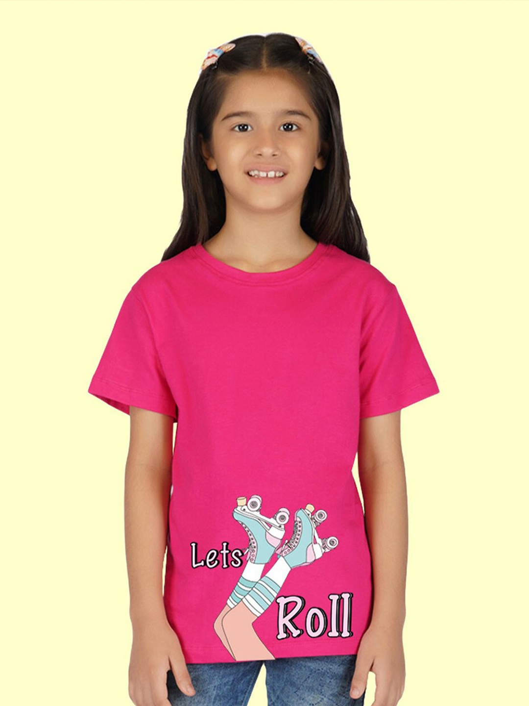 

NUSYL Girls Round Neck Graphic Printed T-shirt, Pink