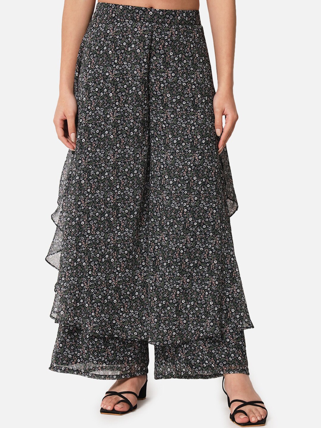

ALL WAYS YOU Floral Printed Flared Georgette Palazzos, Black