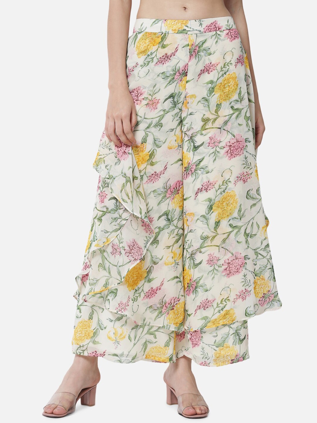 

ALL WAYS YOU Floral Printed Flared Georgette Palazzos, White