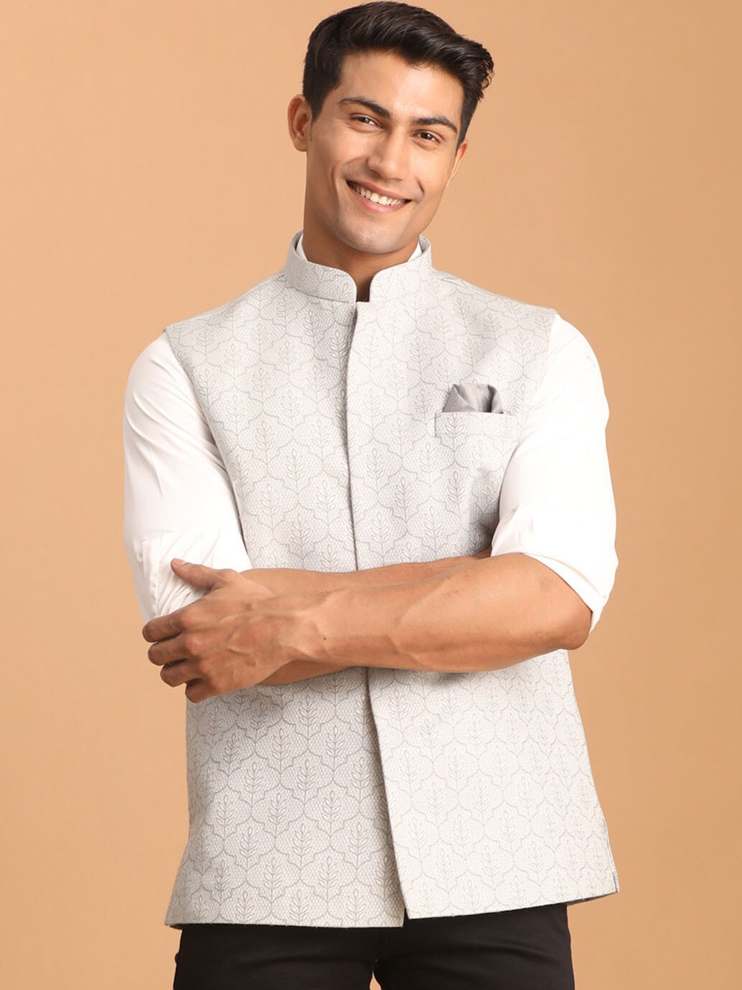 

SHRESTHA BY VASTRAMAY Men Woven Design Slim-Fit Nehru Jacket, Grey