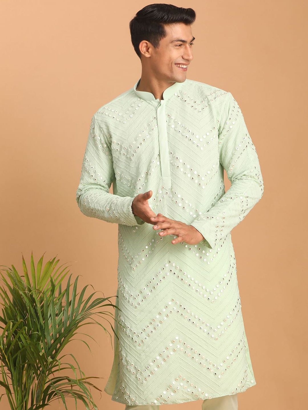 

VASTRAMAY Mandarin Collar Mirror Work Embellished Georgette Kurta, Green