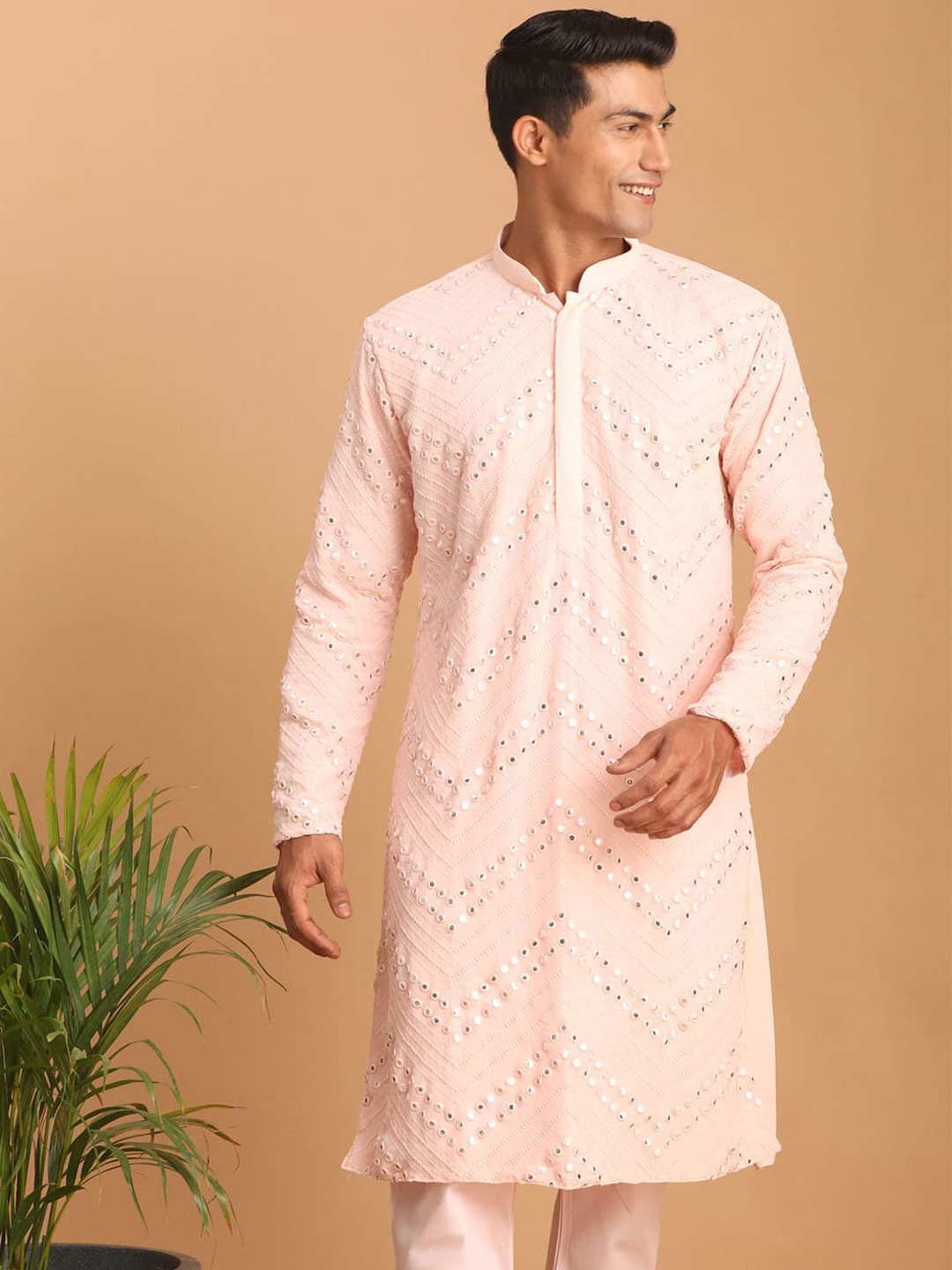 

VASTRAMAY Embroidered Mirror Work Georgette Straight Kurta, Peach