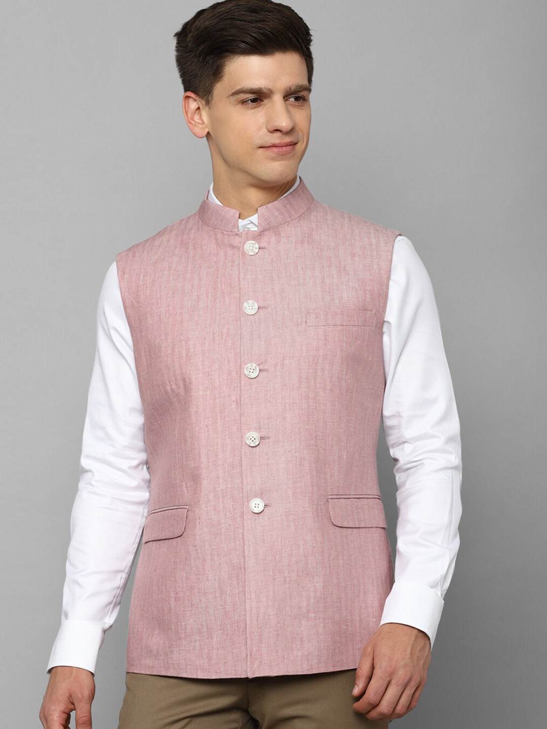 

Louis Philippe Woven Designed Linen Nehru Jacket, Pink