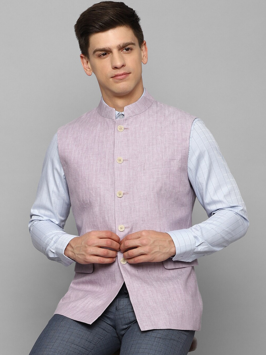 

Louis Philippe Woven Designed Linen Nehru Jacket, Purple