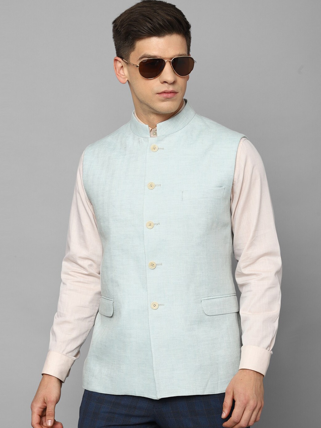 

Louis Philippe Woven Design Linen Nehru Jacket, Blue