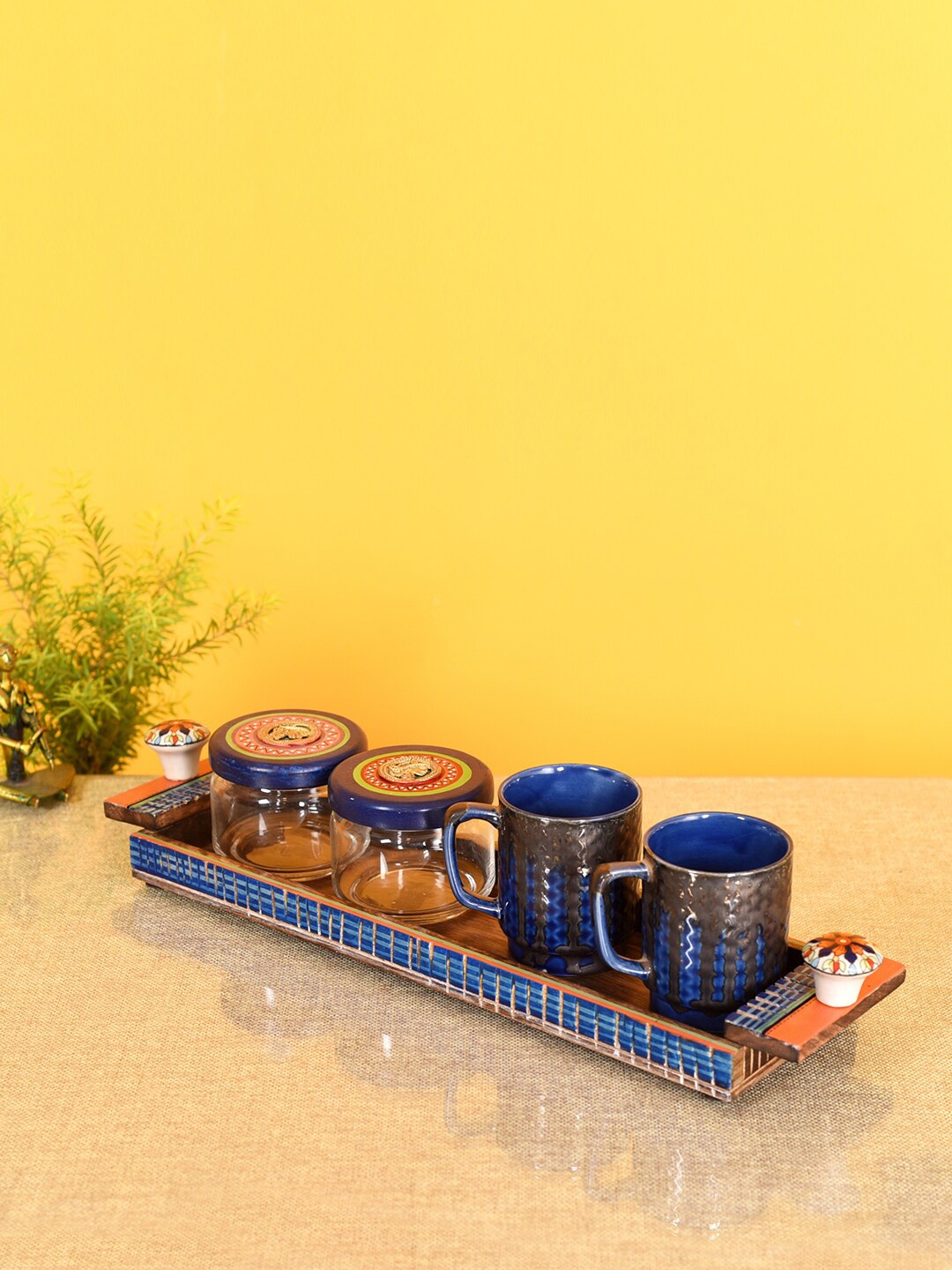 

AAKRITI ART CREATIONS Azure Blue & Brown 5 Pcs Printed Tray With Cups & Storage Jars