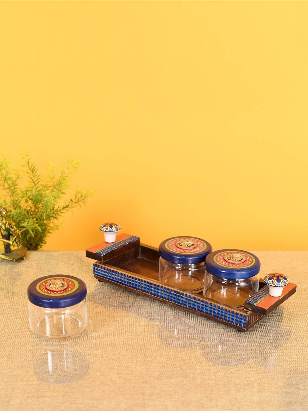 

AAKRITI ART CREATIONS Azurel Blue & Brown 4 Pieces Storage Jars With Tray