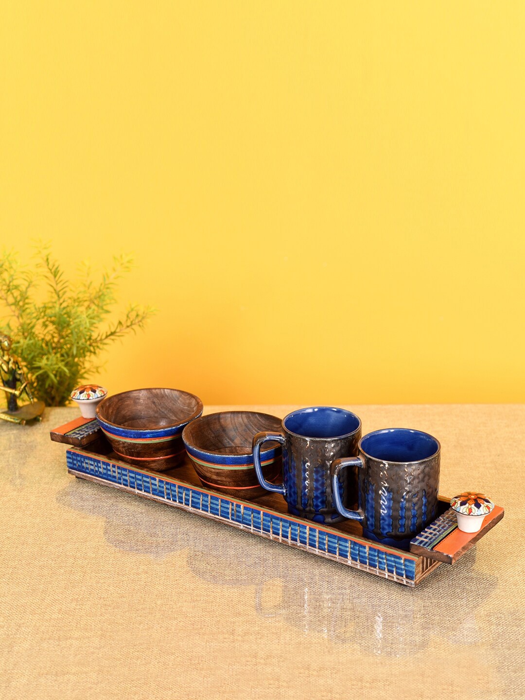 

AAKRITI ART CREATIONS Azure Blue & Brown 5 Pieces Wooden Tray With Cups & Bowls