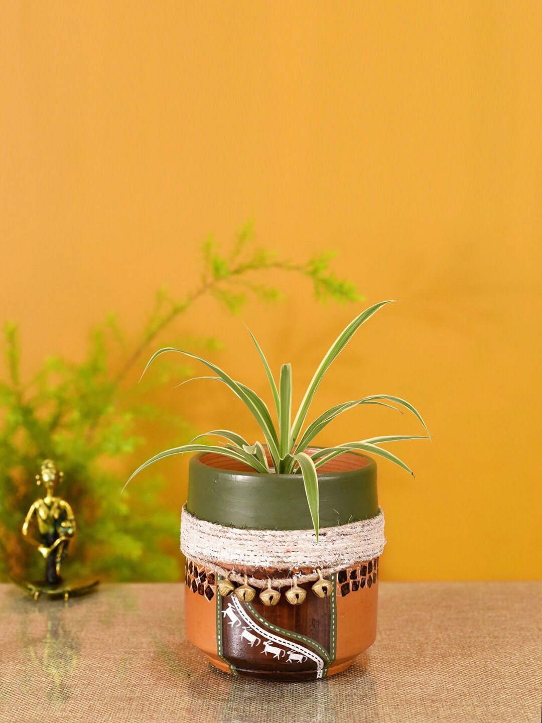 

AAKRITI ART CREATIONS Brown & Green Printed & Embellished Clay & Jute Earthen Planter