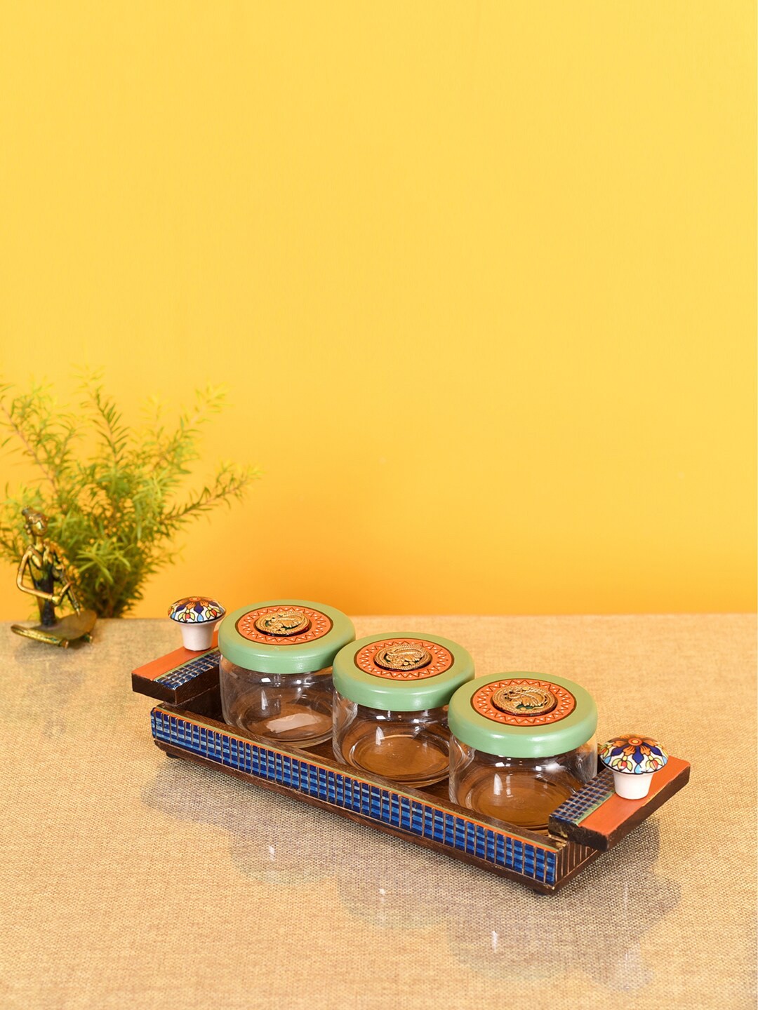 

AAKRITI ART CREATIONS Blue & Mint-Green 4 Pieces Printed Storage Jars With Tray