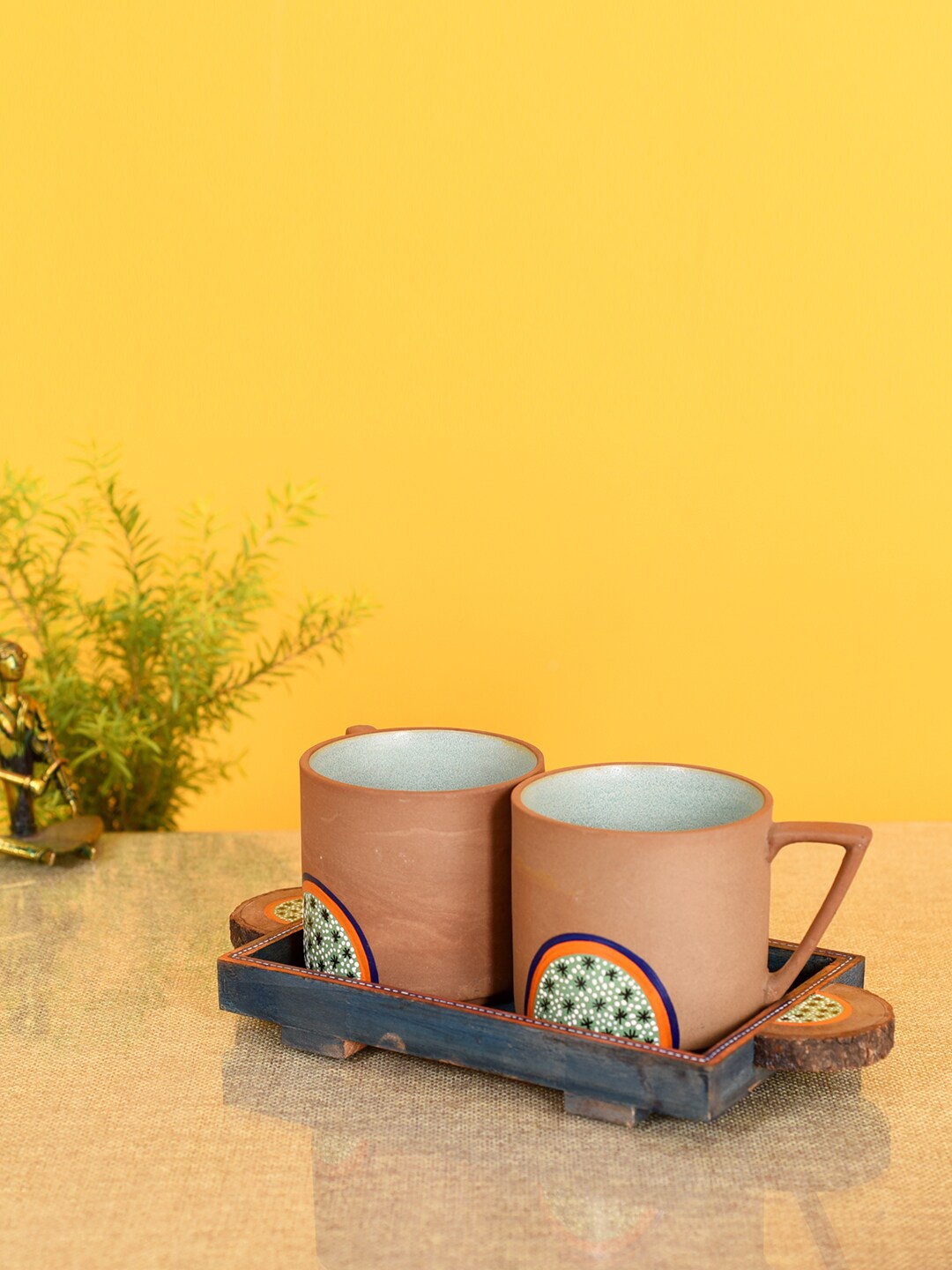 

AAKRITI ART CREATIONS Desert Sand Brown & Blue 3 Pieces Wooden Tray With Cups