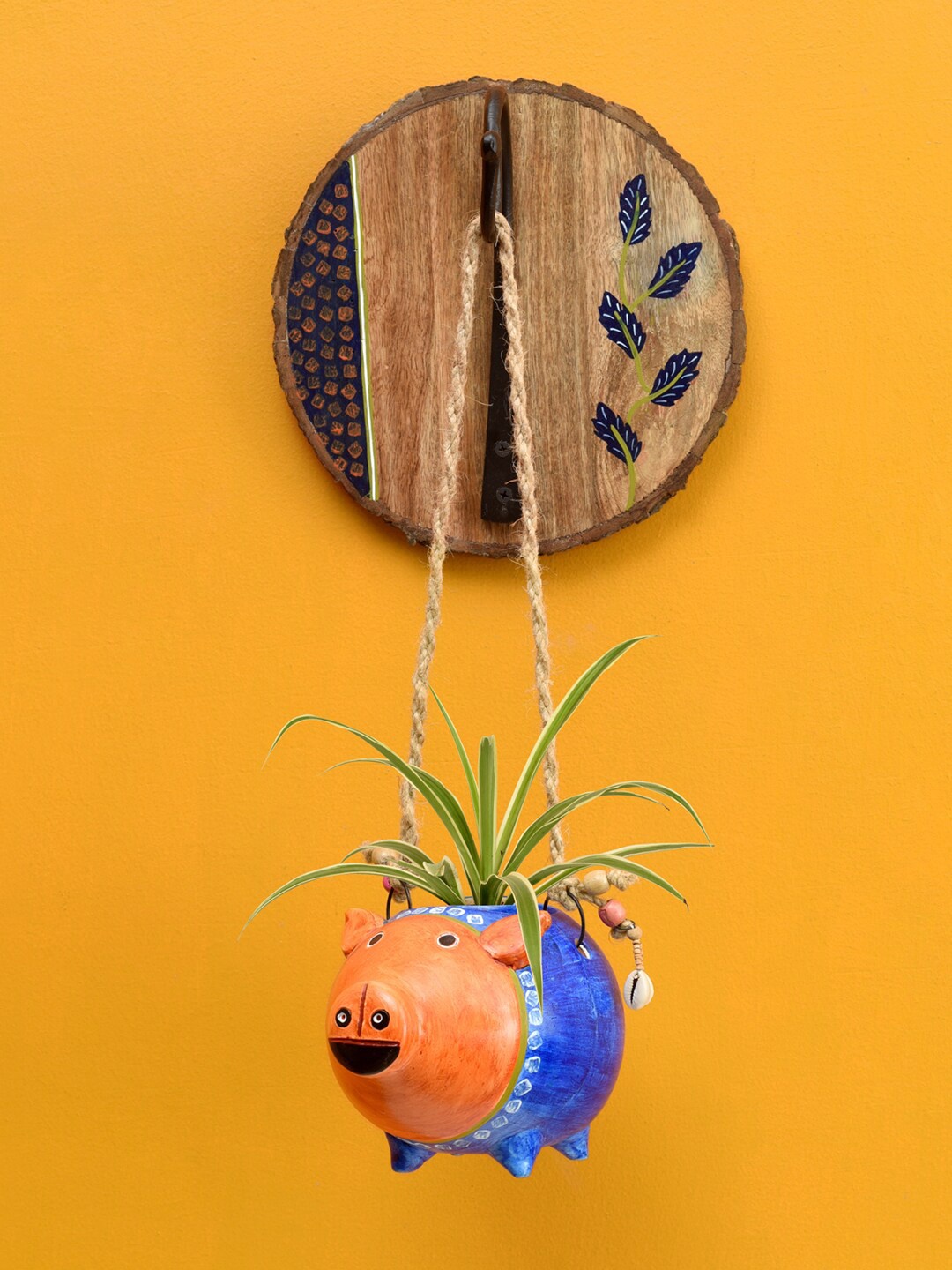 

AAKRITI ART CREATIONS Earthen Blue & Orange Pig Design Planter With Round Wall Hook