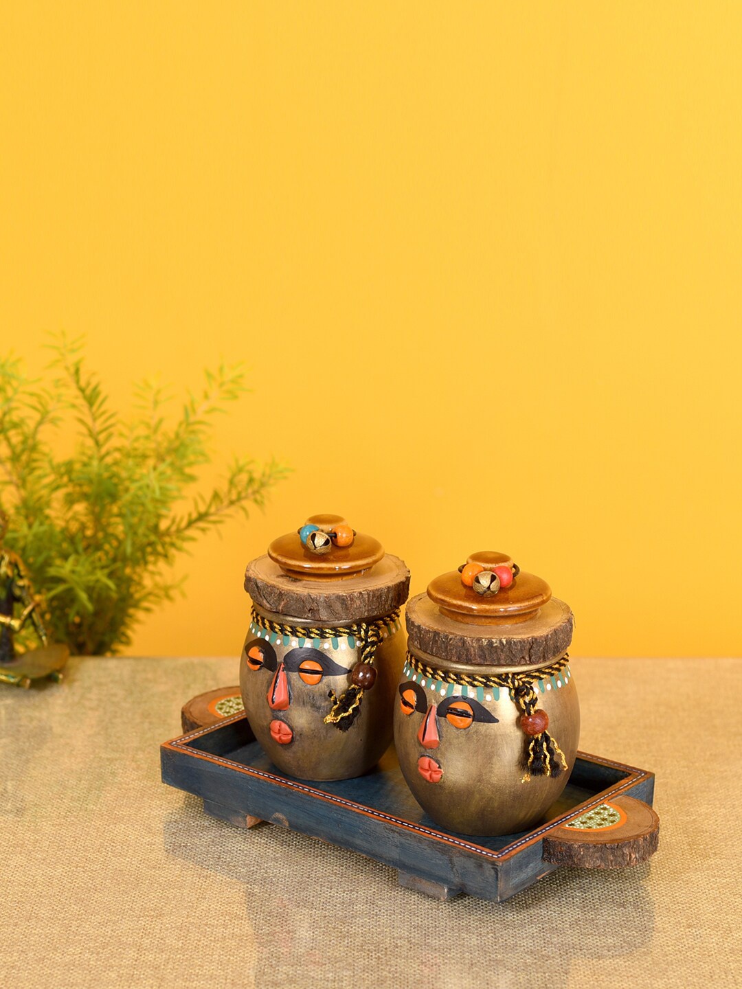 

AAKRITI ART CREATIONS Gold Toned & Blue 3 Pcs Happy Tribals Storage Jars with Tray