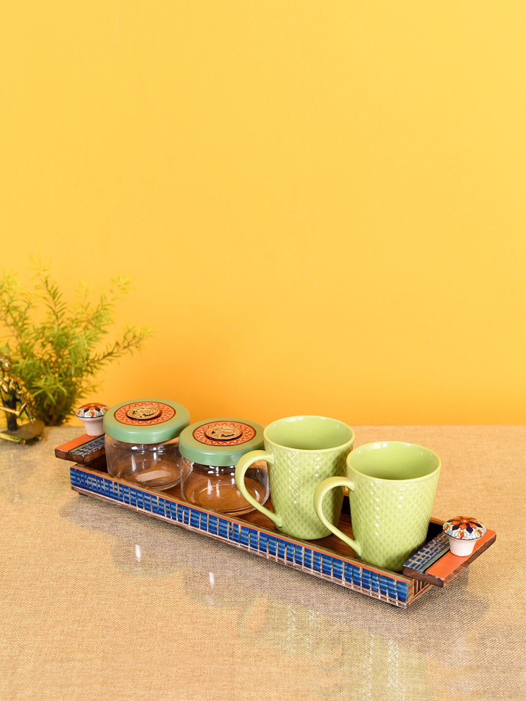 

AAKRITI ART CREATIONS Brown & Green 5 Pieces Wooden Tray With Cups & Storage Jars