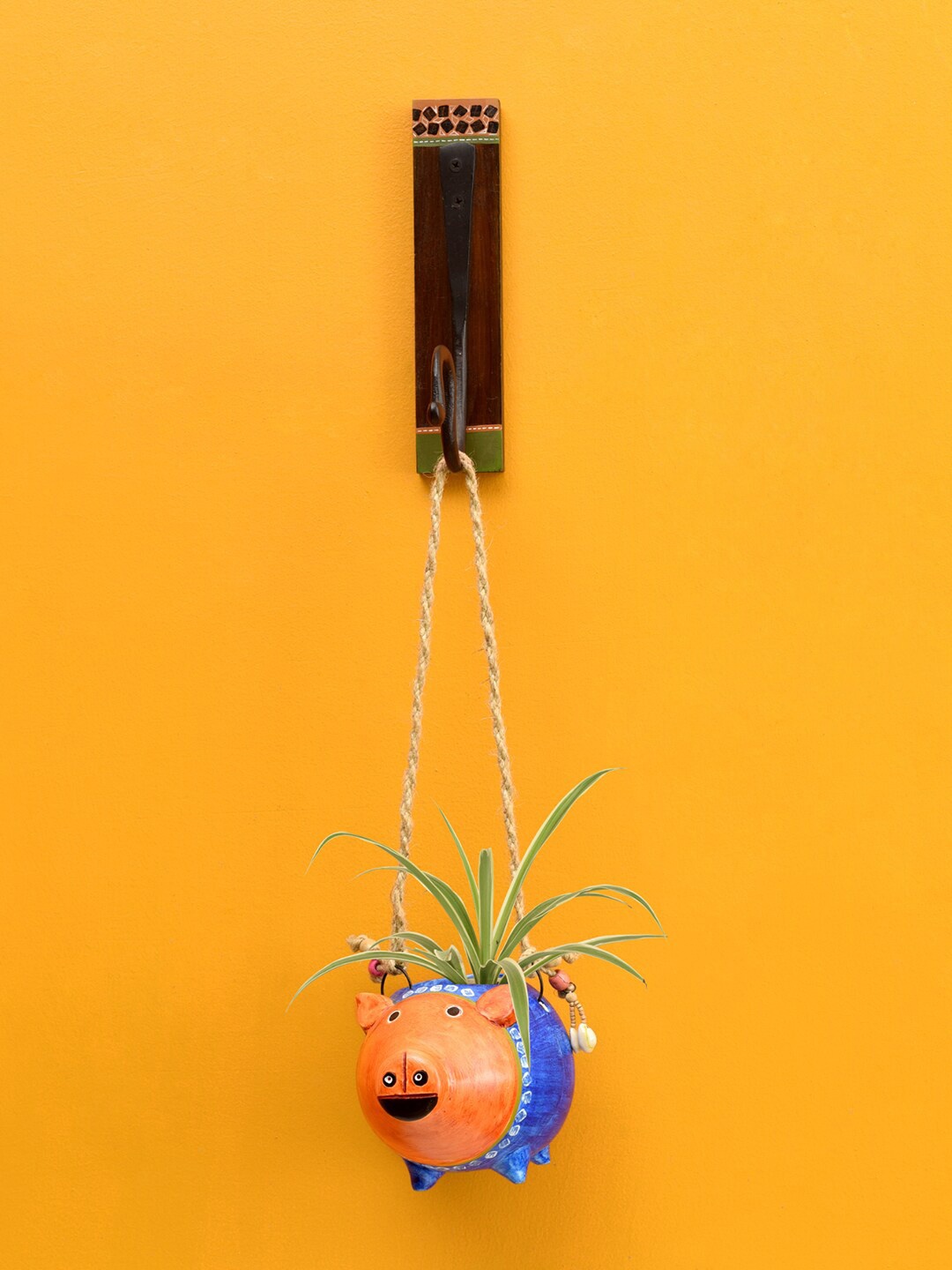 

AAKRITI ART CREATIONS Blue & Orange Print Clay Pig Earthen Planter On A Classic Wall Hook