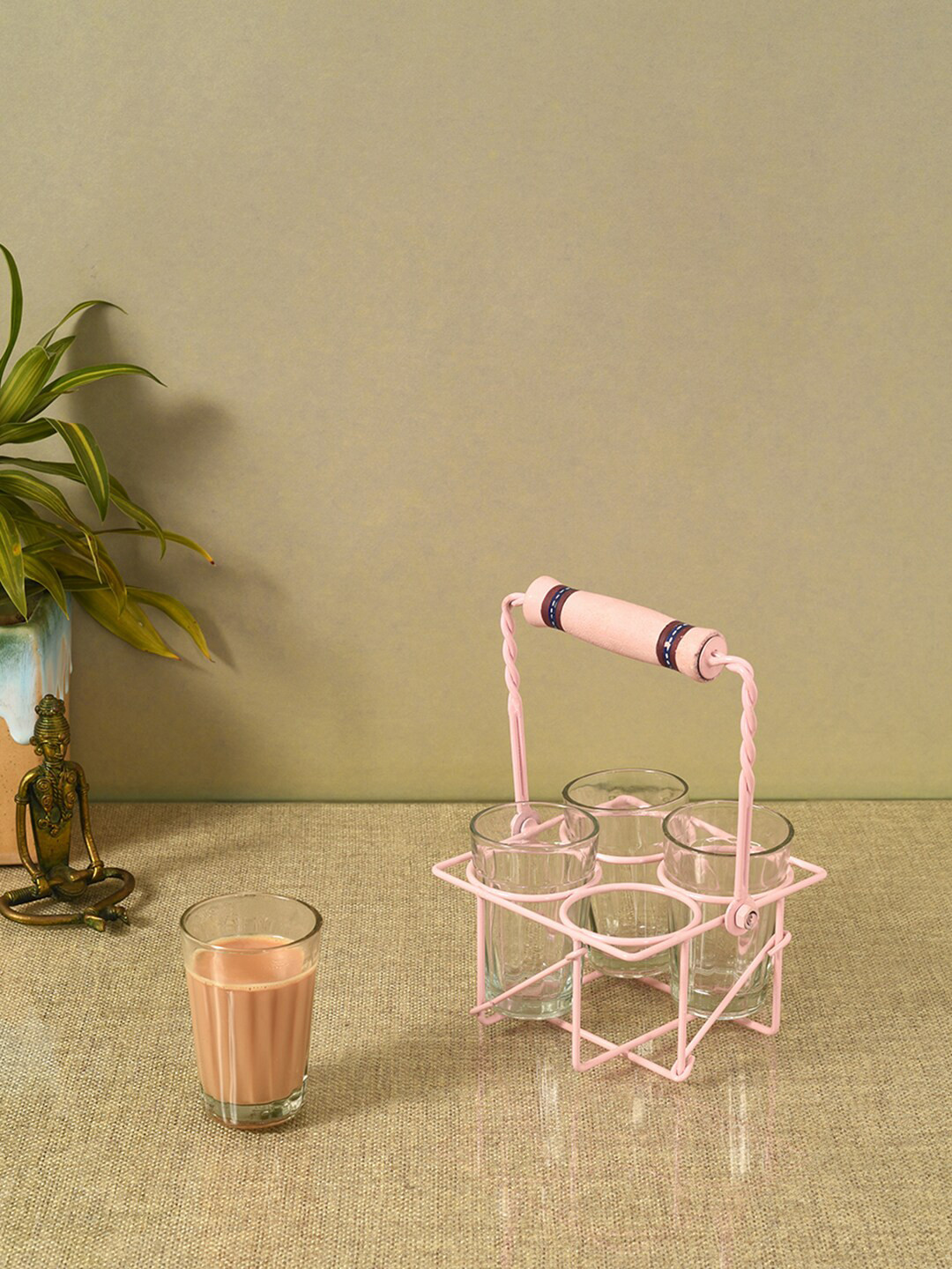 

AAKRITI ART CREATIONS Cutting Chai Transparent & Pink 5 Pcs Textured Glass Cups With Stand