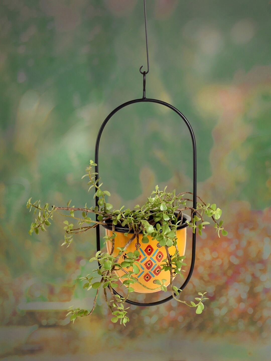 

AAKRITI ART CREATIONS Yellow & Black Terracotta Clay Printed Hanging Planter