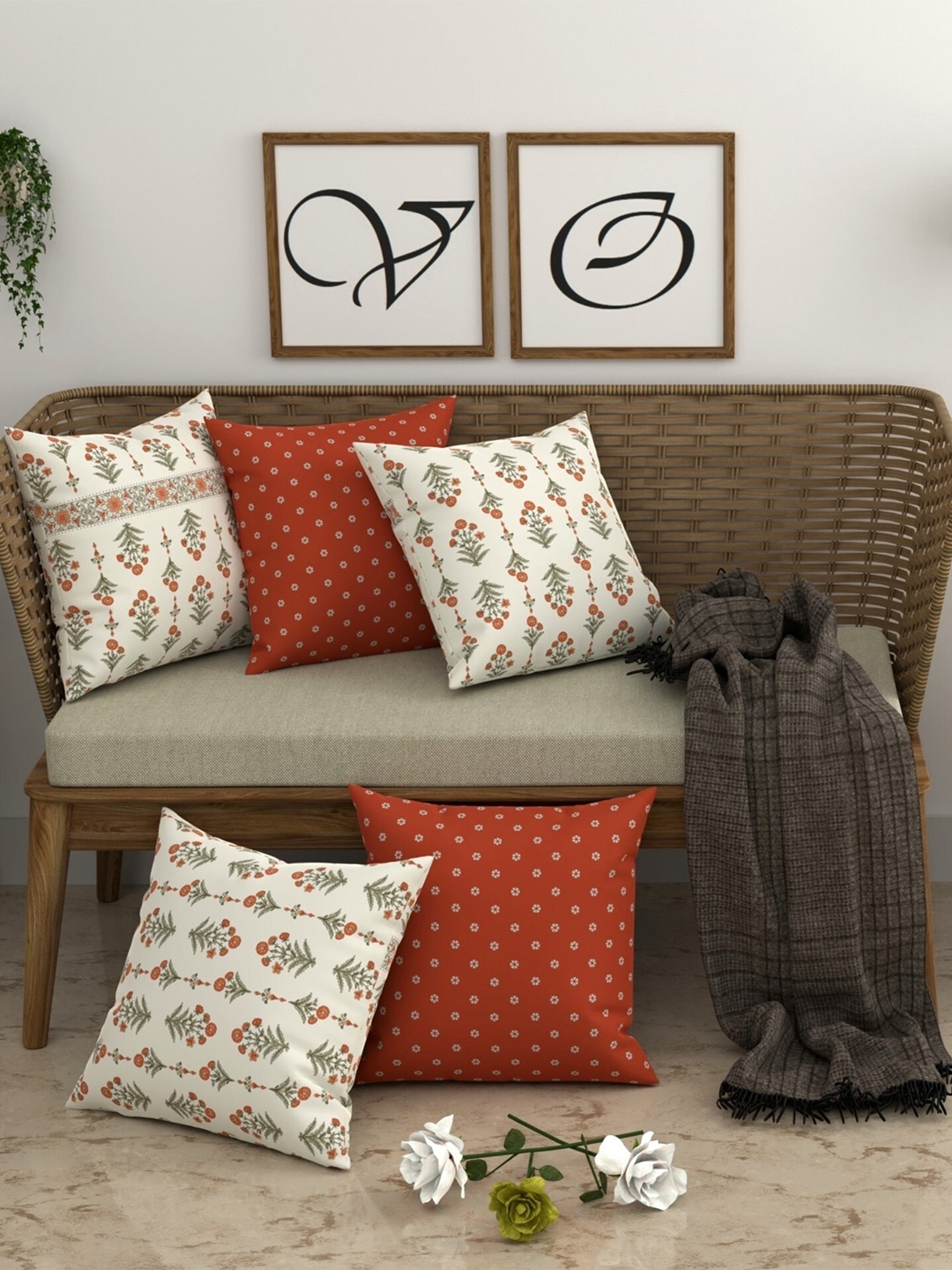

CHHAVI INDIA Orange & White 5 Pieces Ethnic Motifs Printed Square Cushion Covers
