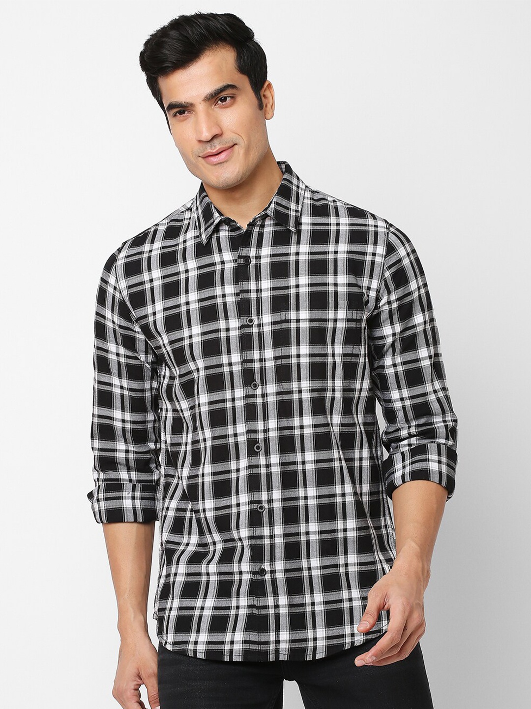 

Solemio Tartan Checks Slim Fit Twill Cotton Casual Shirt, Black